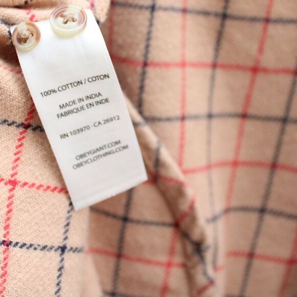 Obey Women's Tan Plaid Button-Up Fleece Shirt Shacket Size Small - Picture 9 of 9